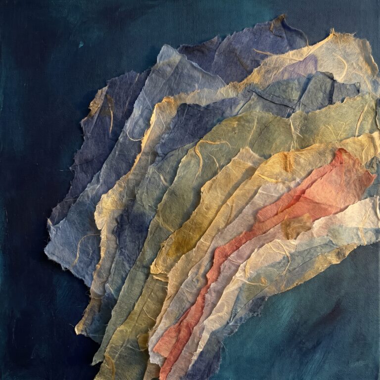 Torn tissue-paper collage of many overlapping sheets fanned across a dark ground, each a different shade, their edges catching the light
