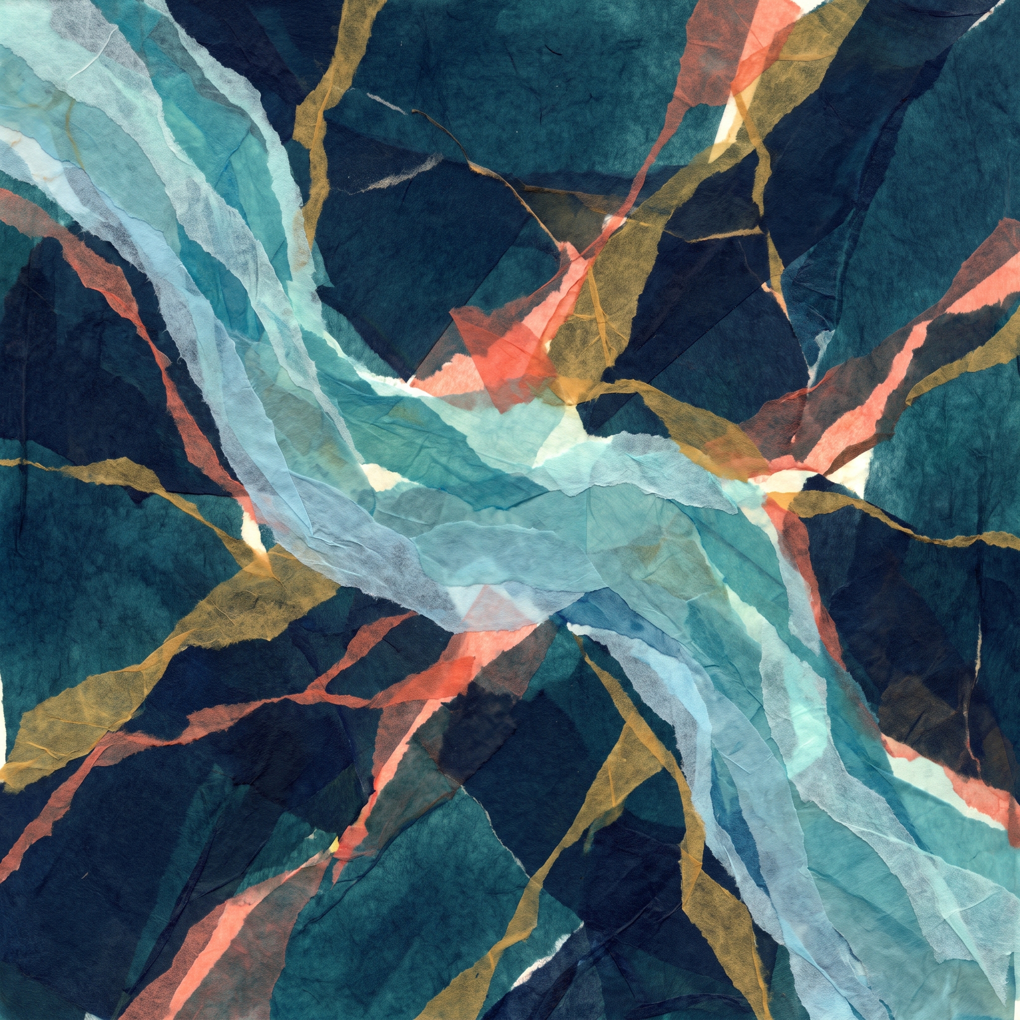 Torn tissue-paper collage of two pale rivers flowing from opposite corners and merging into one channel, in deep navy and teal with coral and gold