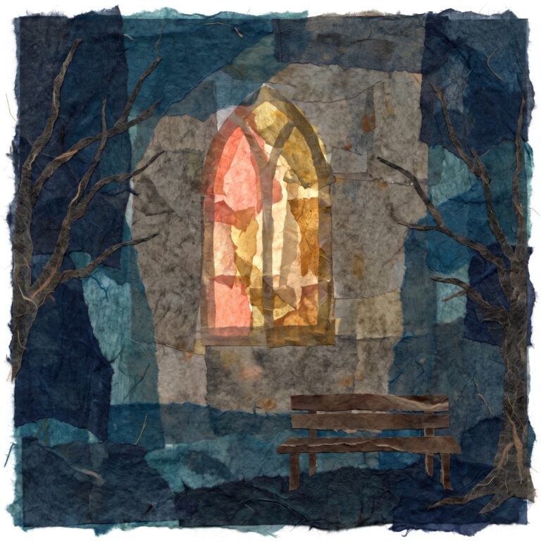 Torn tissue-paper collage of a single arched window lit from within at night in a plain stone wall, an empty bench below and bare branches at the edges