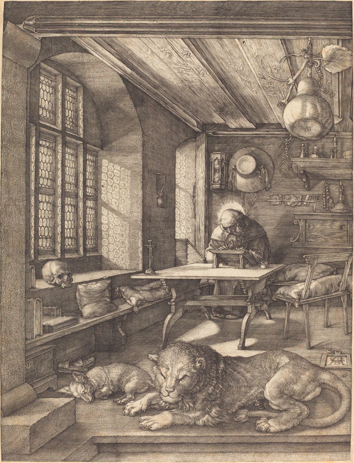 Engraving of Saint Jerome writing at a desk in a sunlit study, a lion asleep in the foreground