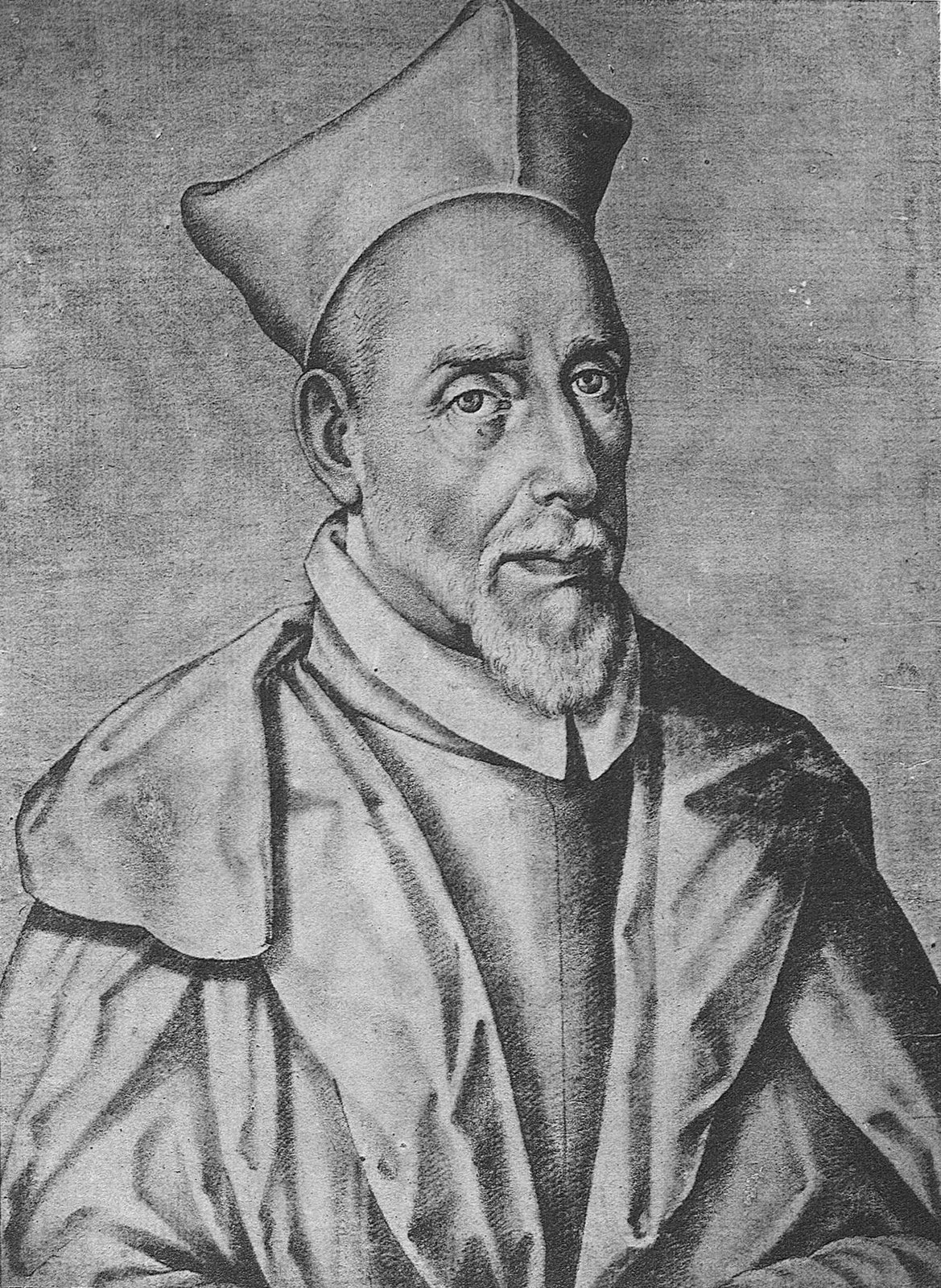 Engraved portrait of the composer Francisco Guerrero, an older bearded priest in a biretta