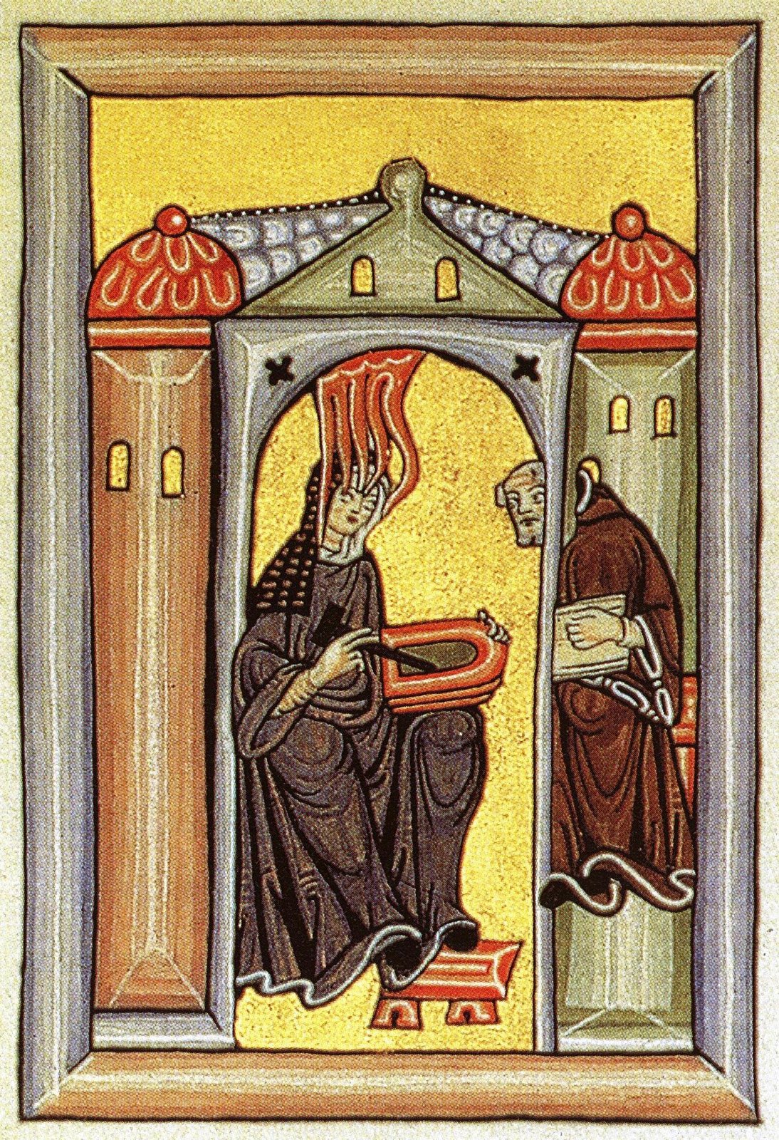 Medieval illumination of Hildegard of Bingen seated with a wax tablet, flames descending on her head, while a monk takes notes beside her