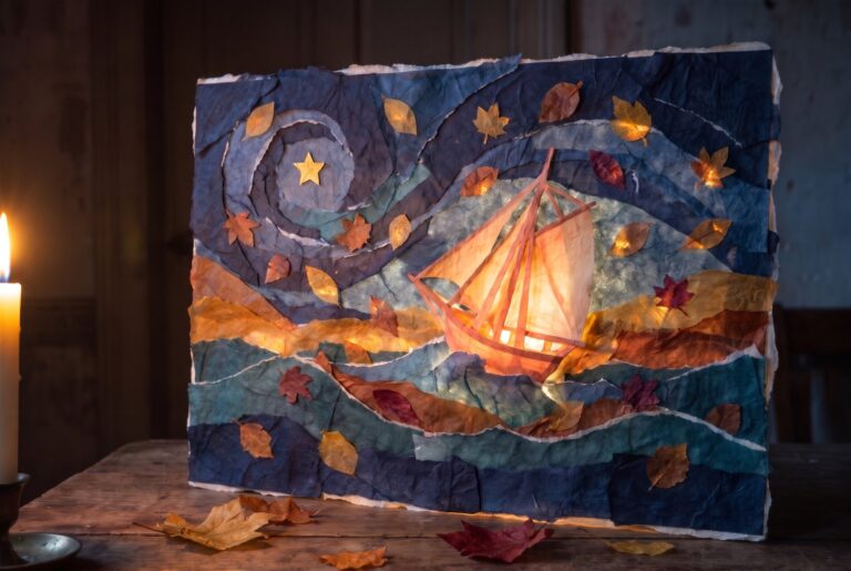A sailing ship made of glowing tissue paper on a night sea, steering by a small gold star, with autumn leaves drifting on the wind